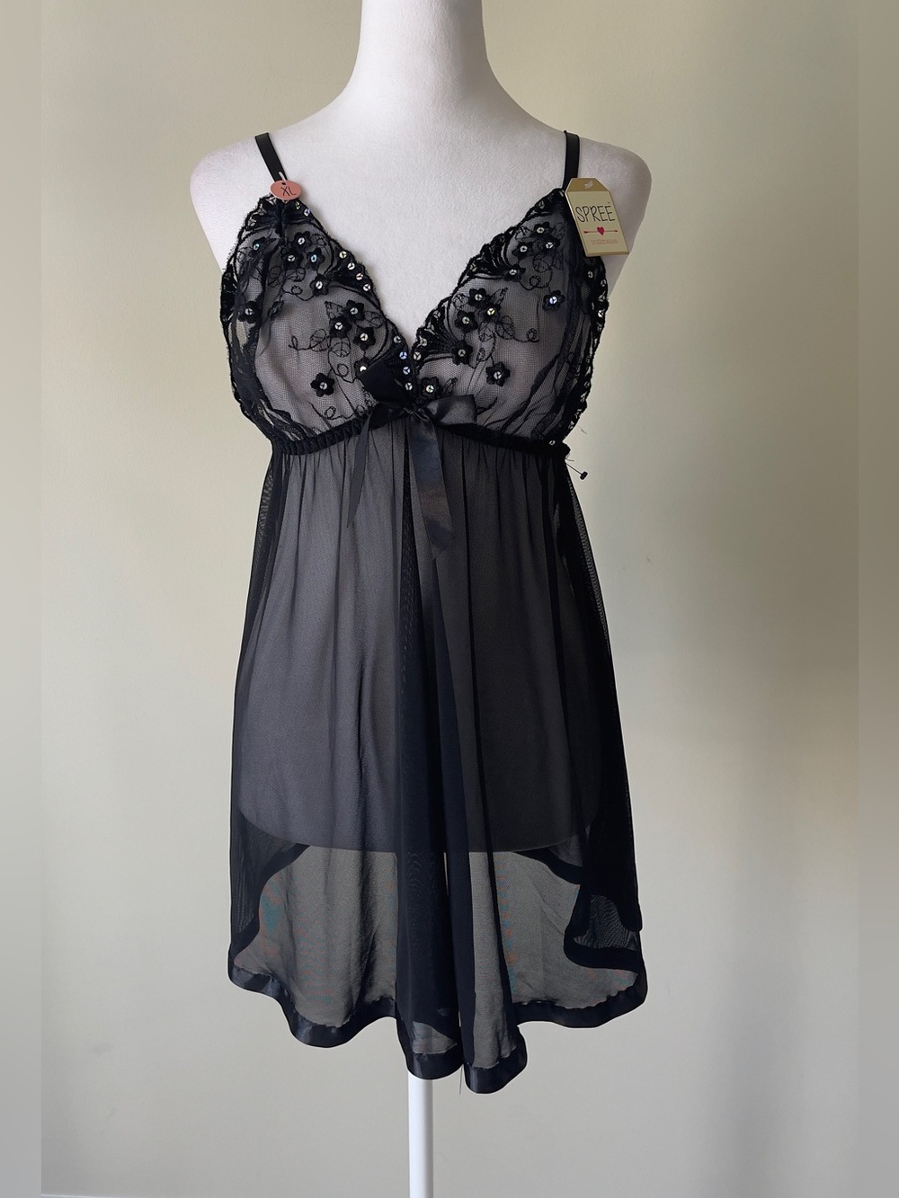 Spree Intimates Mesh Triangle Cup Sequin Black Embroidered 2 piece Babydoll NWT